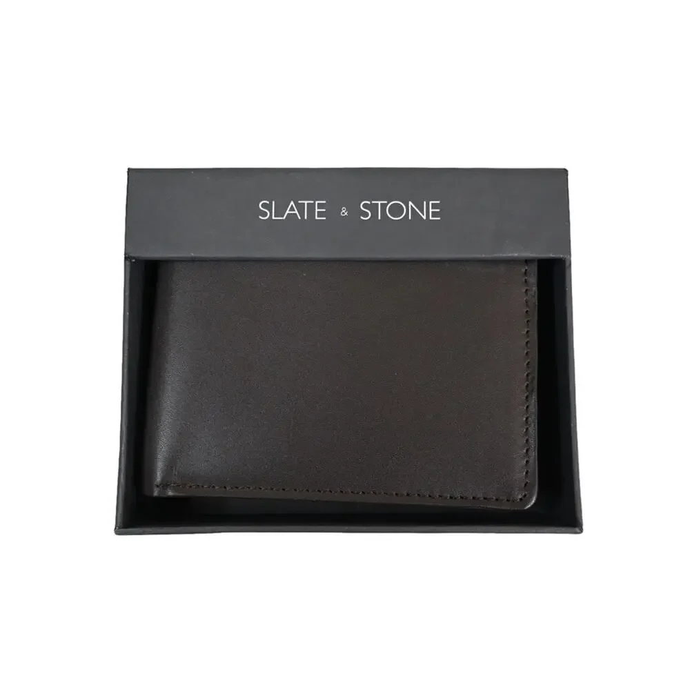 Slate & Stone Smooth Premium Leather Bifold Wallet Dark Brown NEW